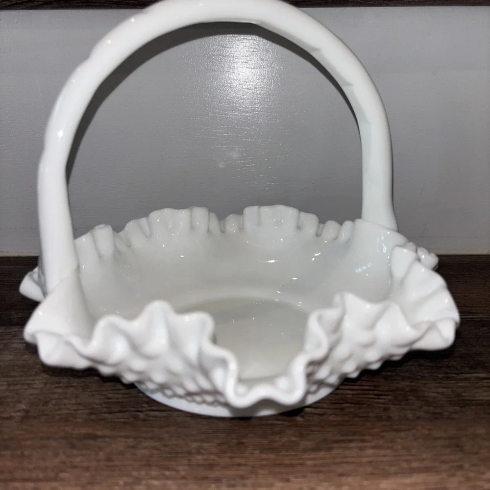 Vintage Fenton Hobnail White Milk Glass Ruffled Edges Basket with Handle
